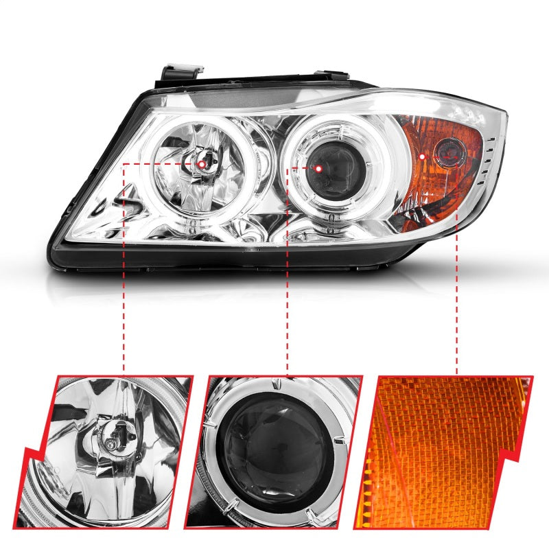 ANZO 2006-2008 BMW 3 Series E90-E91 Projector Headlights w/ Halo w/ LED Bar Chrome (CCFL)