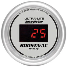 Load image into Gallery viewer, Autometer Ultra-Lite 2-1/16in 30INHG-30PSI Digital Silver Dial Vacuum/Boost Gauge w/ Red Led
