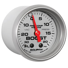 Load image into Gallery viewer, Autometer Marine Silver Ultra-Lite 2-1/16in 0-30 HG / 0-20 PSI Vacuum / Boost Gauge