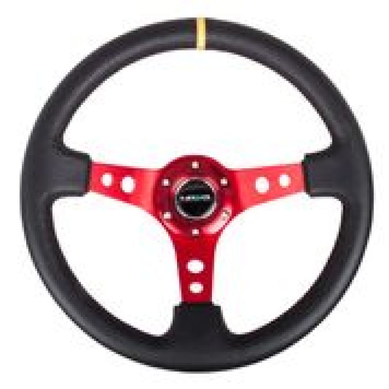 NRG Reinforced Steering Wheel (350mm / 3in. Deep) Blk Leather w/Red Spokes & Sgl Yellow Center Mark